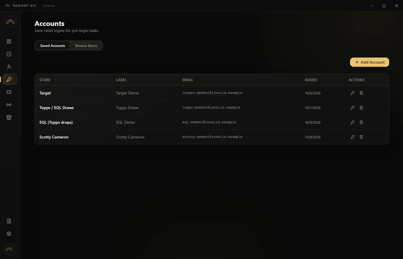 Site Logins showing sample saved retailer accounts