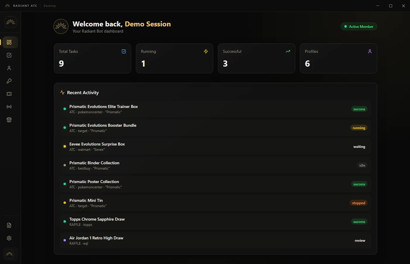 Radiant Dashboard with sample task counts and recent activity