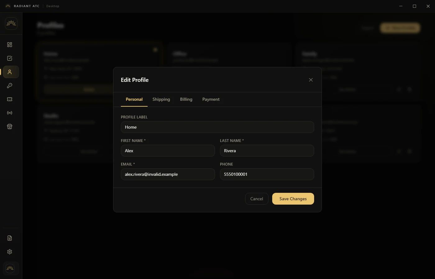 Profile editor Personal tab with example contact details