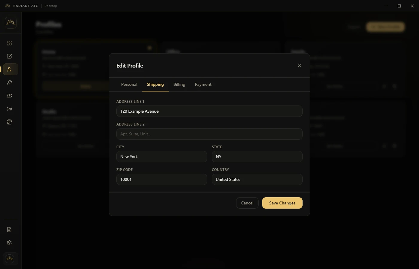 Profile editor Shipping tab with example address fields
