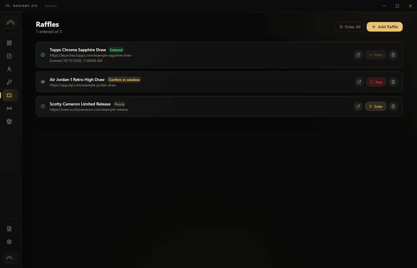 Raffles workspace showing sample entries and review states