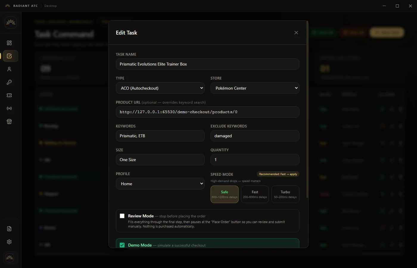 Task editor showing product, profile, pacing and checkout settings