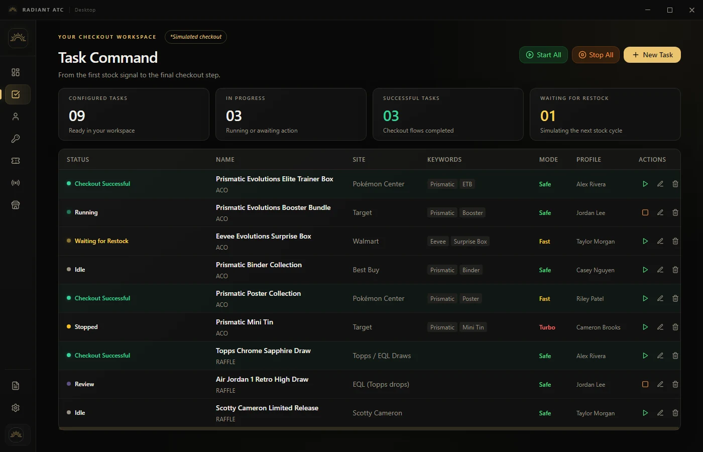 Radiant Task Command showing sample task states and row controls