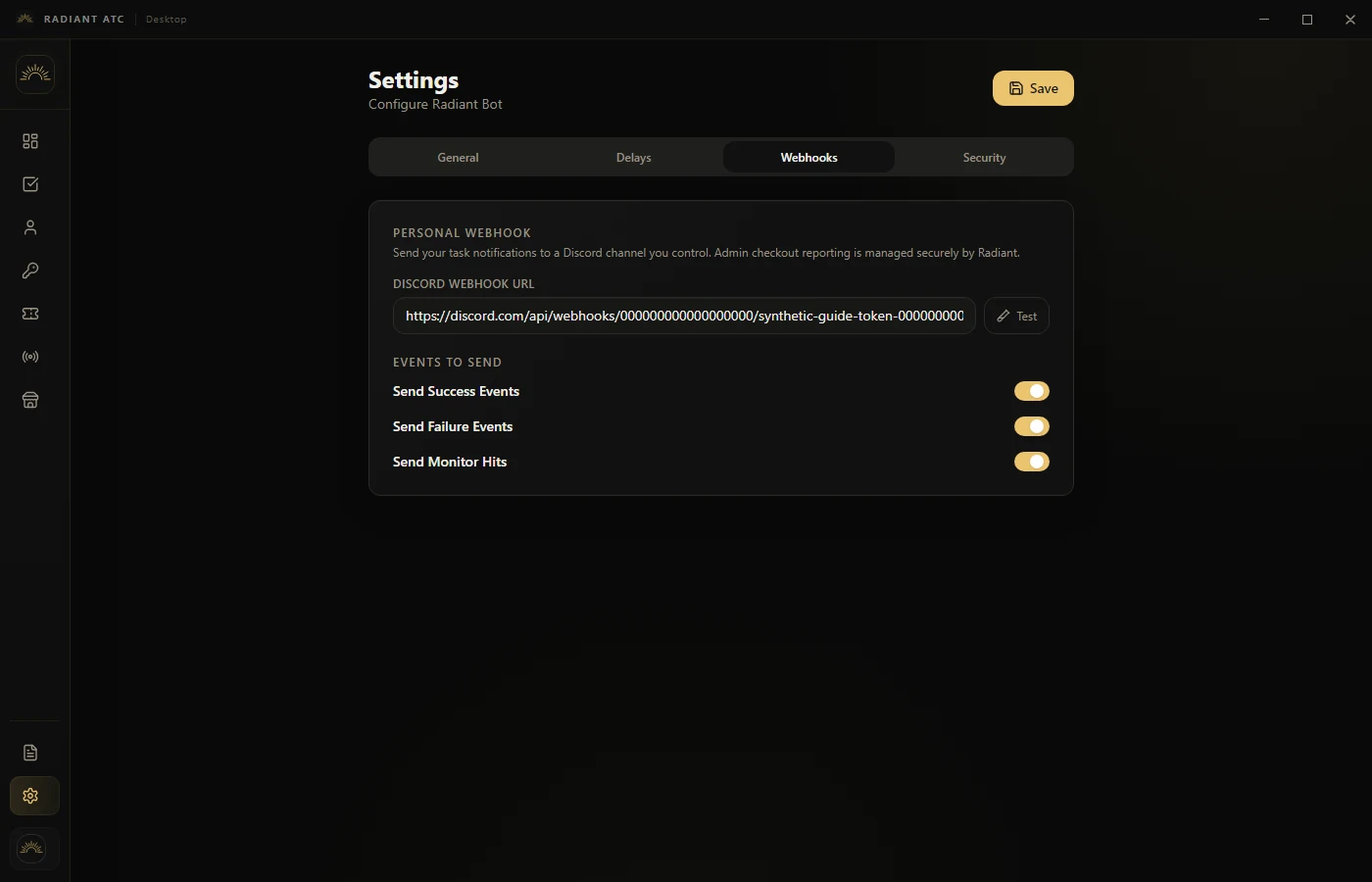 Settings Webhooks panel with notification controls